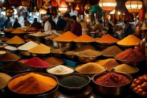 many different types of spices are displayed in bowls. AI-Generated photo