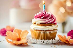 a cupcake with a pink candle on top. AI-Generated photo