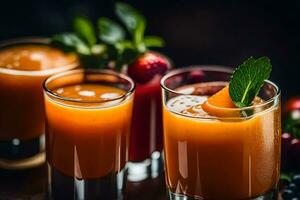 three glasses of orange juice with fresh fruit. AI-Generated photo