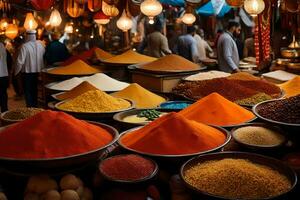 a market with many bowls of spices and other items. AI-Generated photo