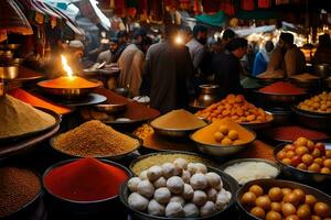 a market with many bowls of different spices. AI-Generated photo