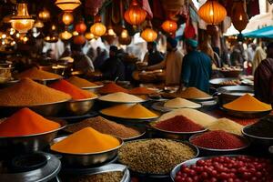 a market with many bowls of spices and other items. AI-Generated photo