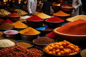 many different types of spices are displayed in bowls. AI-Generated photo