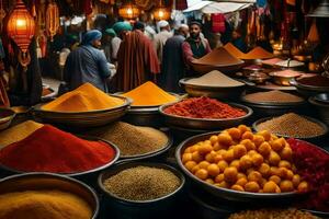 a market with many bowls of spices and nuts. AI-Generated photo