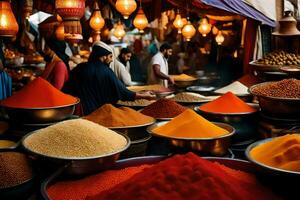 a market with many bowls of spices and people. AI-Generated photo