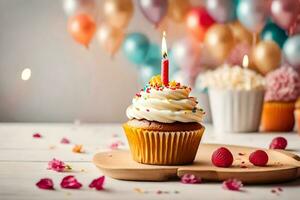 a cupcake with a candle on top and balloons. AI-Generated photo