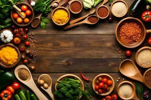 a variety of spices and herbs are arranged in bowls. AI-Generated photo