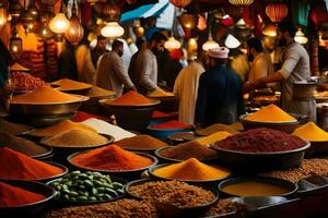 a market with many bowls of spices and food. AI-Generated photo