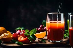 two glasses of juice with fresh fruits. AI-Generated photo