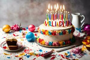 cumpleaños pastel con velas en el mesa. generado por ai foto