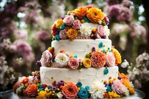 a three tiered cake with colorful flowers. AI-Generated photo