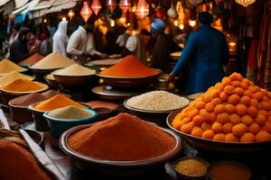 a market with many bowls of spices and other items. AI-Generated photo