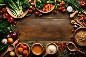 a wooden table with various vegetables and spices. AI-Generated photo