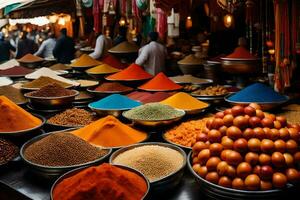 a market with many different types of spices. AI-Generated photo