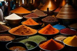 many different types of spices are displayed in bowls. AI-Generated photo