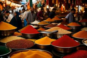 many bowls of colorful spices are on display. AI-Generated photo