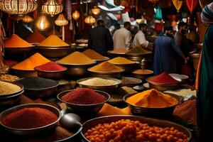 a market with many bowls of spices and other items. AI-Generated photo