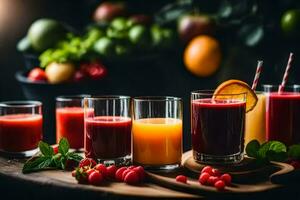 a variety of juices and fruit on a wooden table. AI-Generated photo