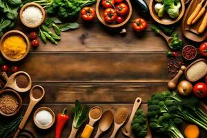 various vegetables and spices are arranged on a wooden table. AI-Generated photo