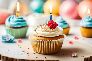 a cupcake with a candle on top and colorful decorations. AI-Generated photo