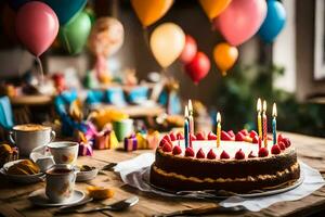 cumpleaños pastel con velas en parte superior de mesa. generado por ai foto