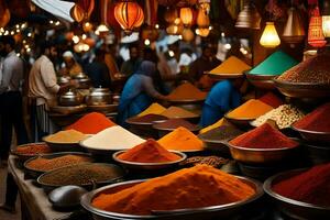 a market with many different types of spices. AI-Generated photo