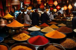 many people are shopping in a market with colorful spices. AI-Generated photo