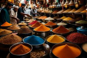 a market with many different types of spices. AI-Generated photo