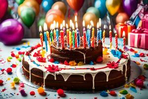 a birthday cake with many candles on it. AI-Generated photo