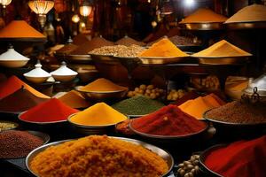 many different types of spices are displayed in bowls. AI-Generated photo