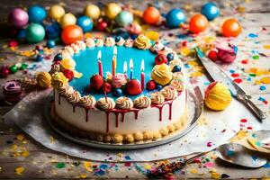 un cumpleaños pastel con velas y papel picado. generado por ai foto