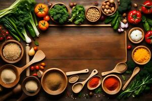a wooden board with various spices and vegetables. AI-Generated photo