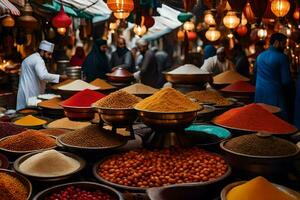 a market with many different types of spices. AI-Generated photo