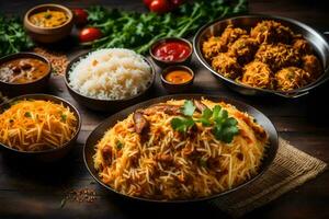 indian food dishes on a wooden table. AI-Generated photo