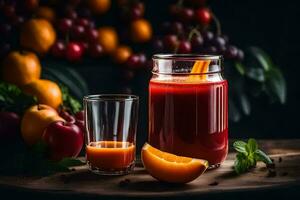 a glass of juice and a glass of juice next to a bowl of fruit. AI-Generated photo