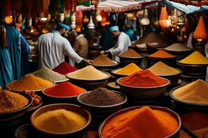 a market with many different types of spices. AI-Generated photo