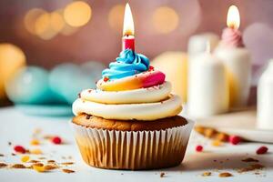 a cupcake with a colorful candle on top. AI-Generated photo