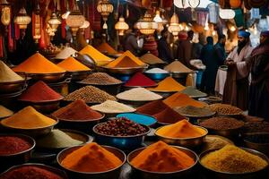 many different types of spices are on display in a market. AI-Generated photo