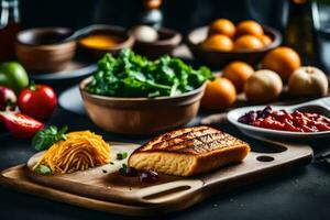 grilled salmon on a wooden cutting board with vegetables and other ingredients. AI-Generated photo