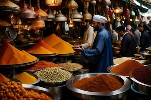 a man is standing in front of a market with many bowls of spices. AI-Generated photo