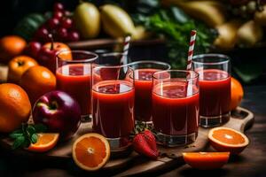 fresh fruit juice in glasses on a wooden table. AI-Generated photo