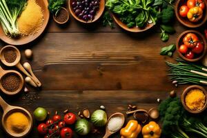 various vegetables and spices are arranged on a wooden table. AI-Generated photo