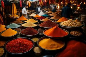 a market with many bowls of spices. AI-Generated photo