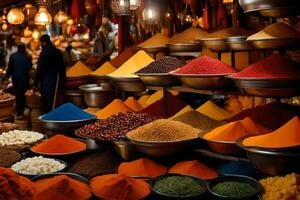 a market with many different types of spices. AI-Generated photo