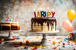 dos cumpleaños pasteles con velas en a ellos. generado por ai foto