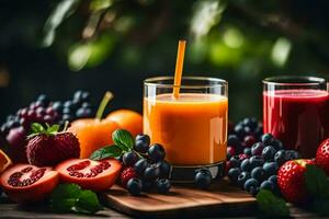 fresh fruit and juice on a wooden table. AI-Generated photo