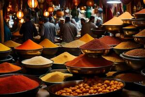 a market with many bowls of spices and other items. AI-Generated photo