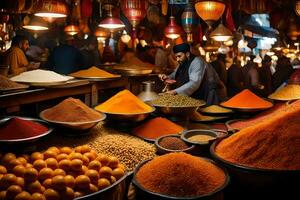 a man is standing in front of a market with many bowls of spices. AI-Generated photo