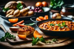 a bowl of food with vegetables and potatoes. AI-Generated photo