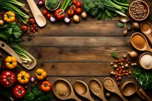 various vegetables and spices on a wooden table. AI-Generated photo